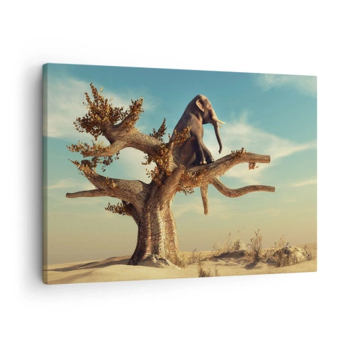 Lærredstryk - Billede på lærred - En elefant sidder på et træ i et surrealistisk landskab - 70x50cm - Et nyt synspunkt - Moderne vægdekoration til stue og soveværelse ARTTOR