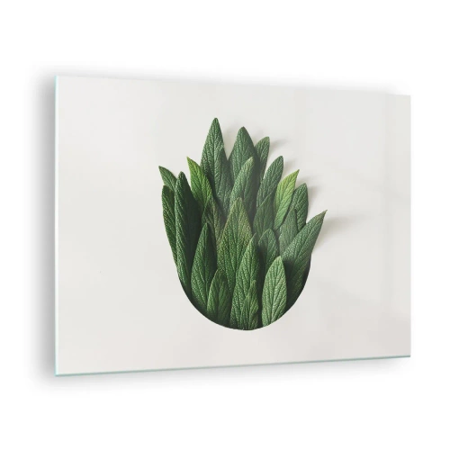 Billede på glas - Grønne blade arrangeret i form af en vase på en hvid baggrund - 70x50cm - Uhæmmet nysgerrighed - Moderne vægdekoration til stue og soveværelse ARTTOR