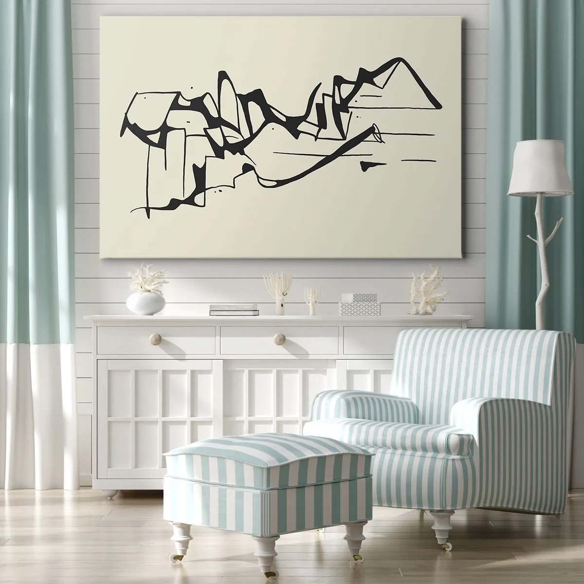 Lærredstryk - Billede på lærred - Abstrakt tegning af bjerge i sort-hvid - 70x50cm - Måske et landskab - Moderne vægdekoration til stue og soveværelse ARTTOR