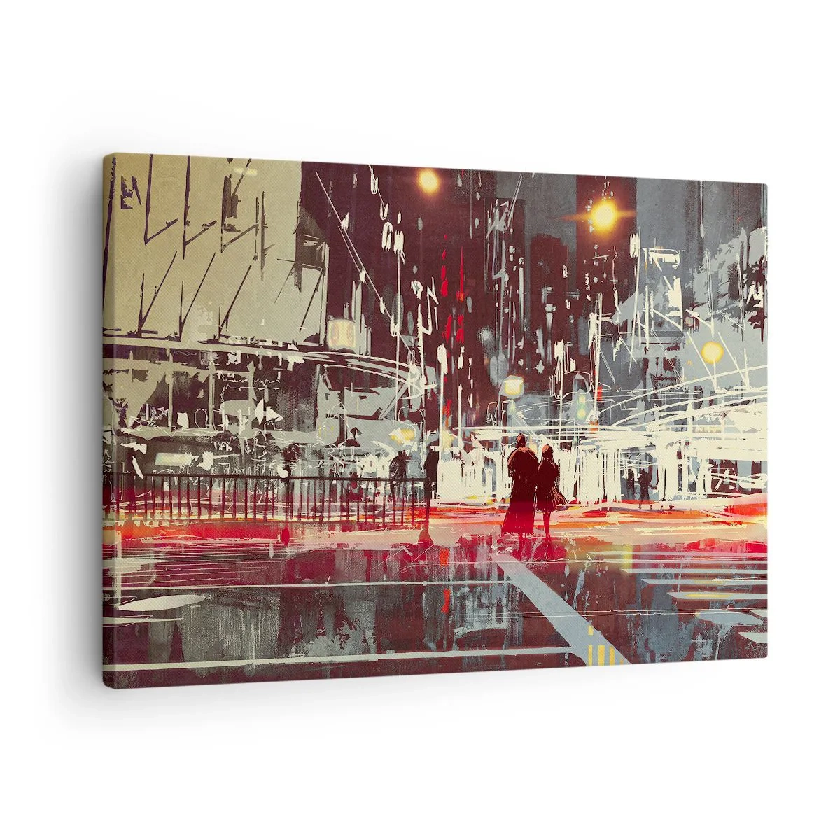 Lærredstryk - Billede på lærred - By om natten med neonlys og silhuetter af mennesker på gaden - 70x50cm - En storbyoverfart - Moderne vægdekoration til stue og soveværelse ARTTOR