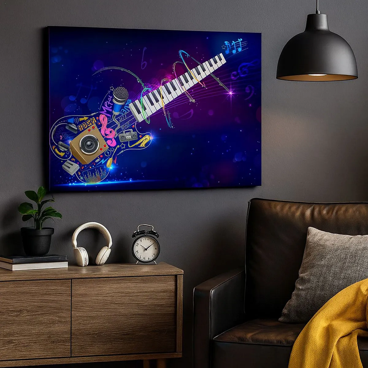 Lærredstryk - Billede på lærred - En farverig guitar med et keyboard og en mikrofon på en mørk baggrund. - 70x50cm - Og alt er i orden - Moderne vægdekoration til stue og soveværelse ARTTOR