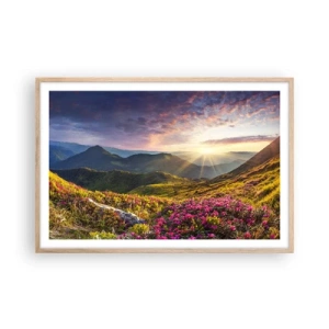 Plakat i ramme af lyst egetræ - Friskheden af en morgen i bjergene - 91x61 cm