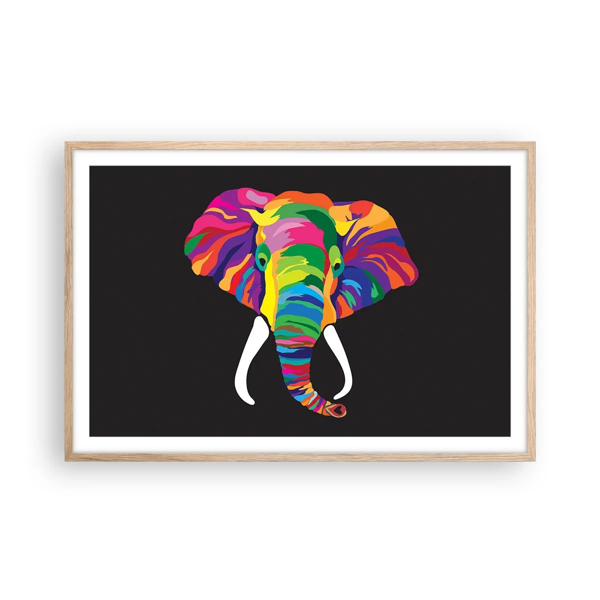 Plakat i ramme af lyst egetræ - Elefanten, der elskede at bade i regnbuen - 91x61 cm
