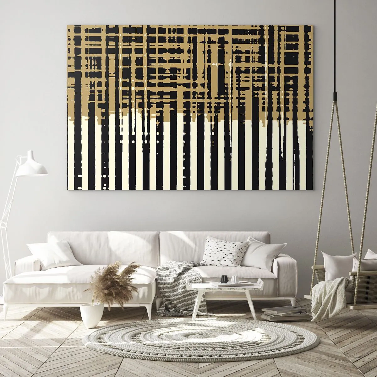 Billede på glas - Geometriske striber og linjer i nuancer af sort og guld - 70x50cm - Arkitektonisk abstraktion - Moderne vægdekoration til stue og soveværelse ARTTOR