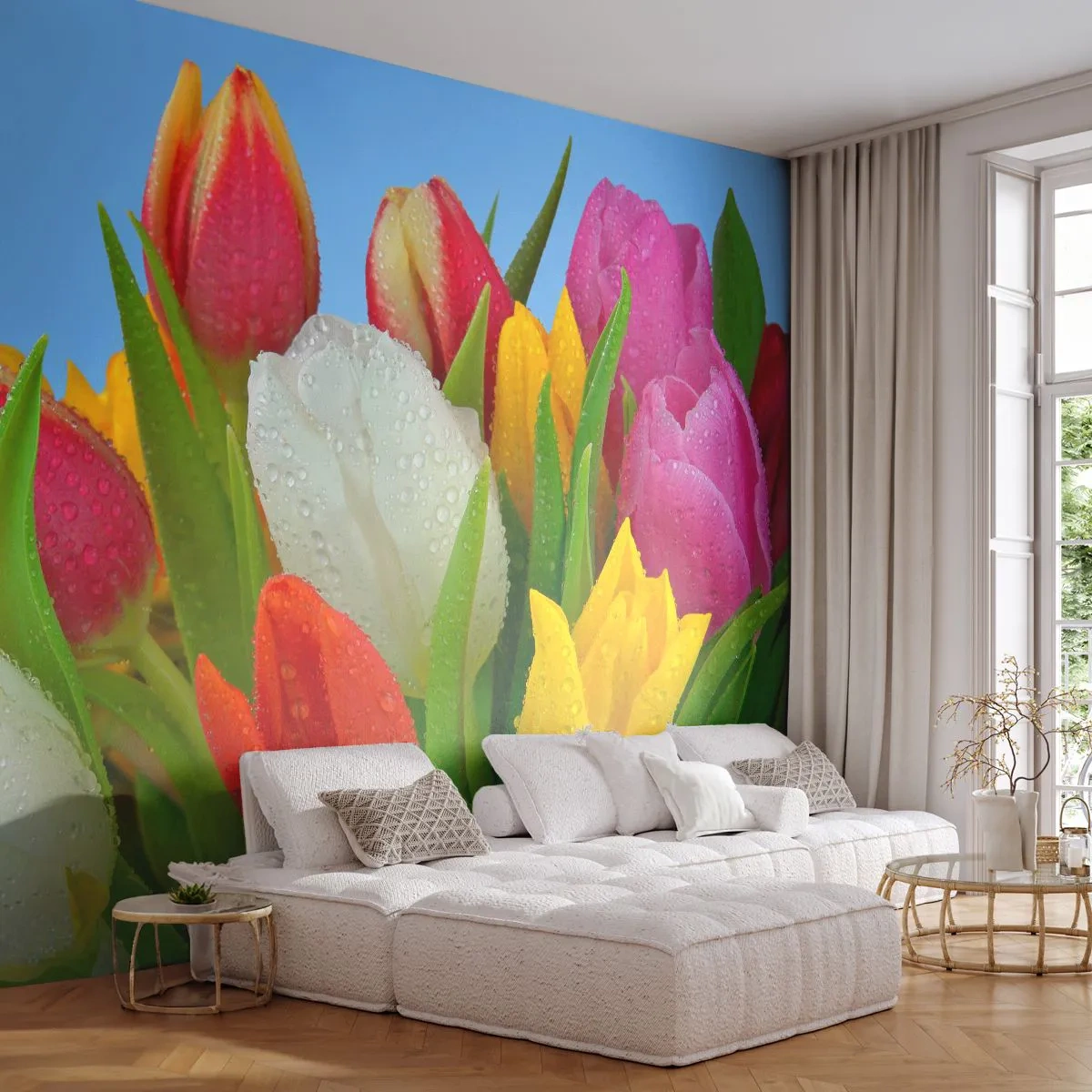 Fototapet Premium Sand - En blomstret regnbue i dugdråber - Tulipaner, Blomster, Buket blomster - 100x70 cm