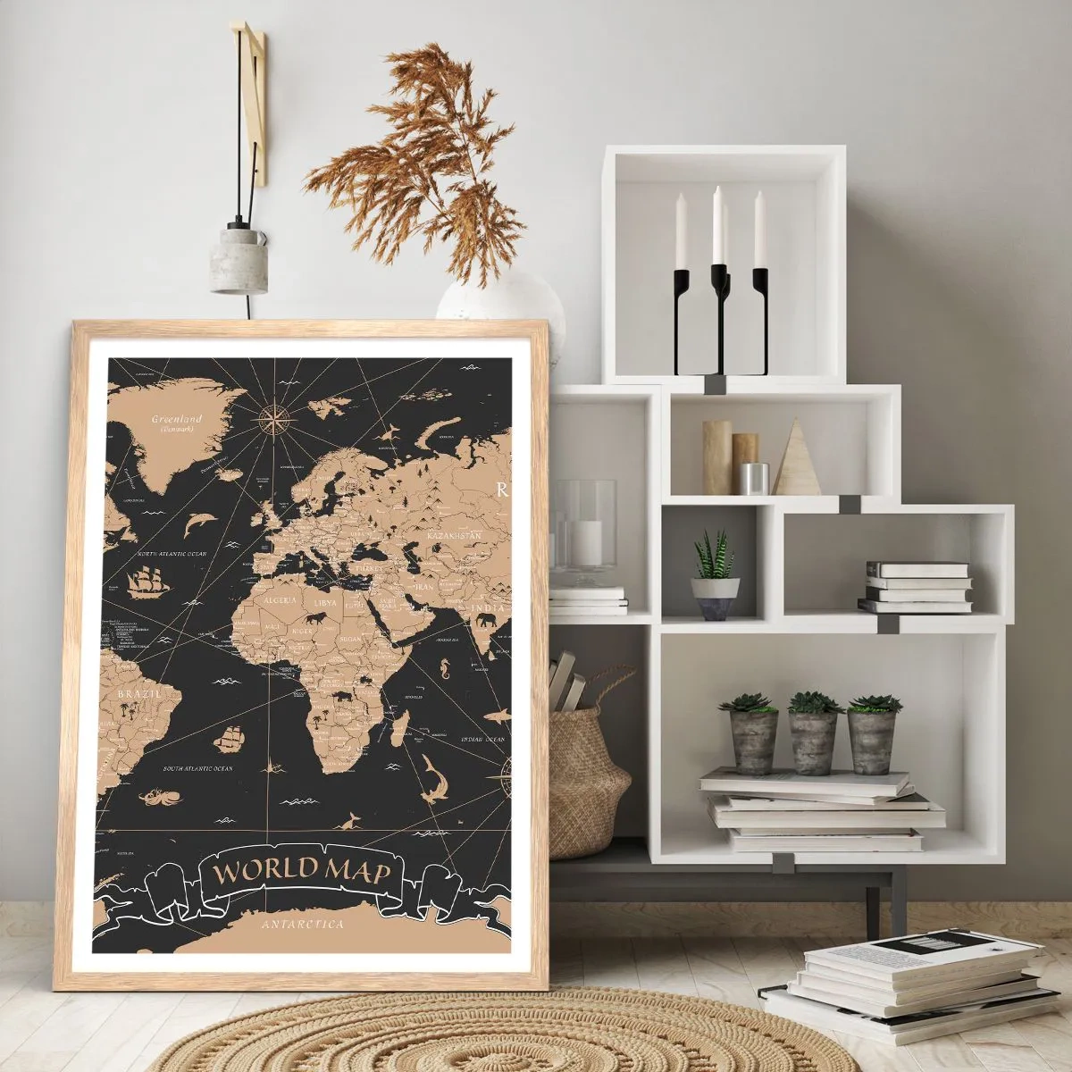 Plakat i ramme af lyst egetræ - Grænserne for min verden - 61x91 cm