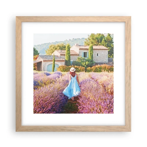 Plakat i ramme af lyst egetræ - Lavendel pige - 30x30 cm
