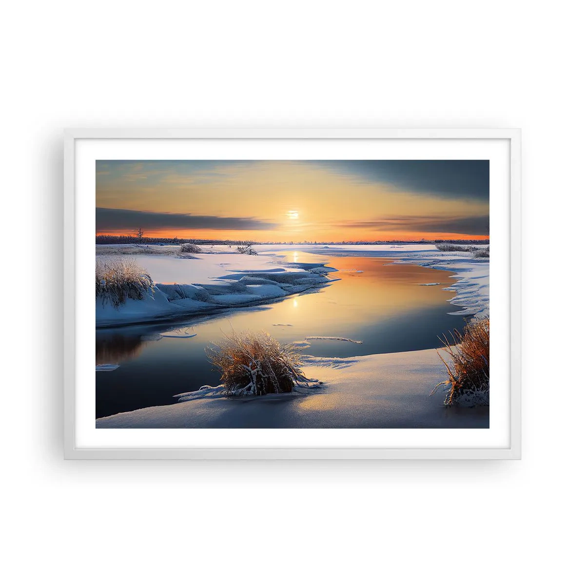 Plakat i hvid ramme - Vintersolnedgang - 70x50 cm