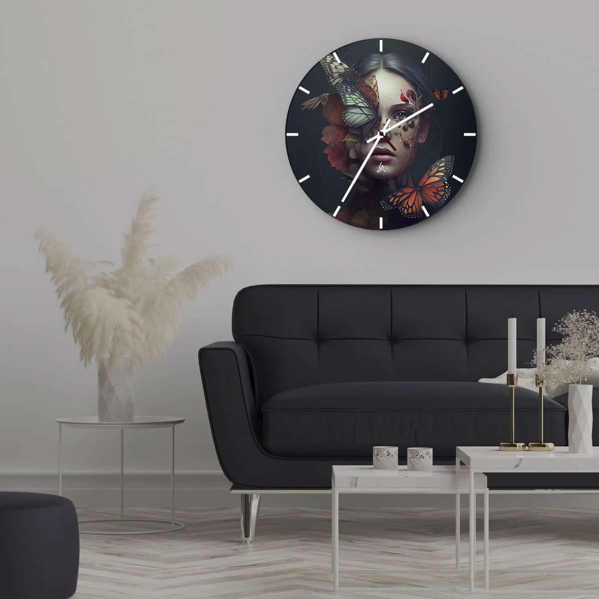 Vægur, Uret - En kvinde med sommerfugle og blade i ansigtet i en kunstnerisk komposition. - 30x30cm - En vidunderlig metamorfose - Moderne vægdekoration til stue, køkken og soveværelse ARTTOR