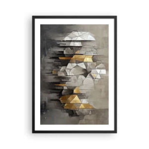 Plakat i sort ramme - Geometrisk abstraktion i nuancer af grå og guld - 50x70cm - Komposition lavet af is og lys - Moderne vægdekoration til stue og soveværelse ARTTOR