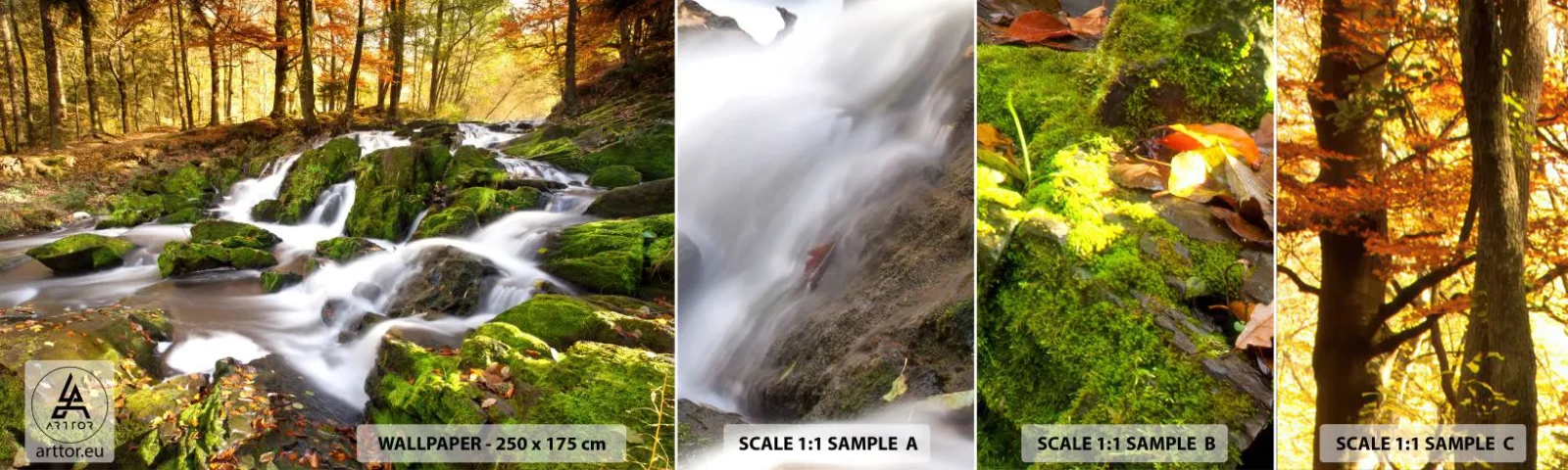 Prøve Fototapet Selvklæbende Deluxe Sticker - Bystrøm gennem efterårsskoven - Landskab, Skov, Bjergstrøm - 100x30 cm