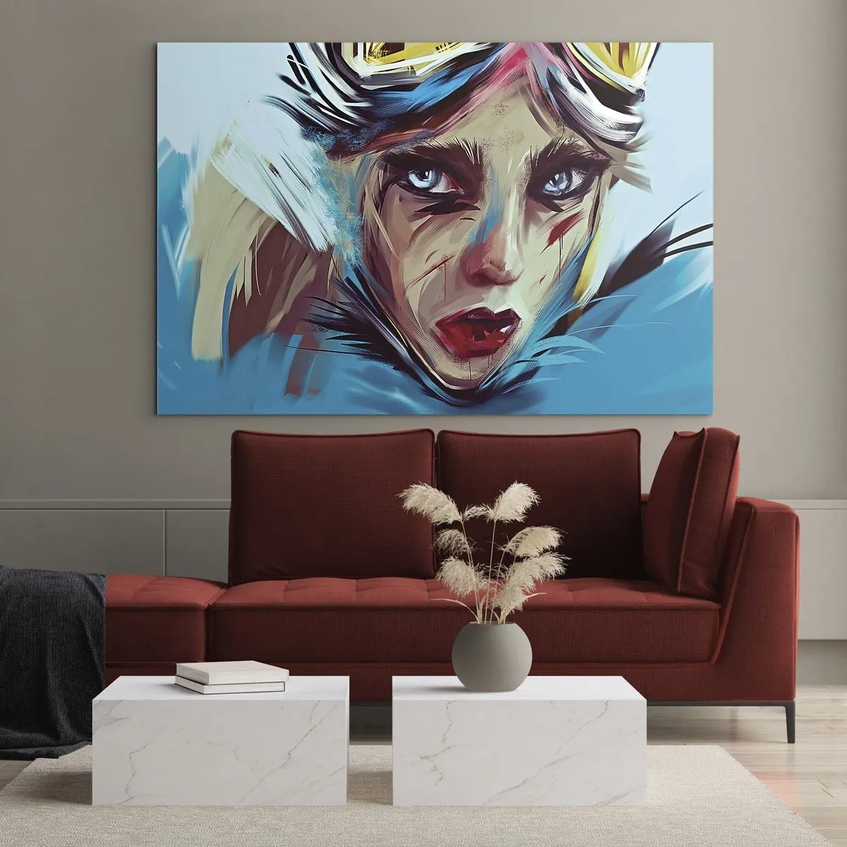 Billede på glas - Portræt af en kvinde med beskyttelsesbriller og blå penselstrøg - 70x50cm - Vejkriger - Moderne vægdekoration til stue og soveværelse ARTTOR