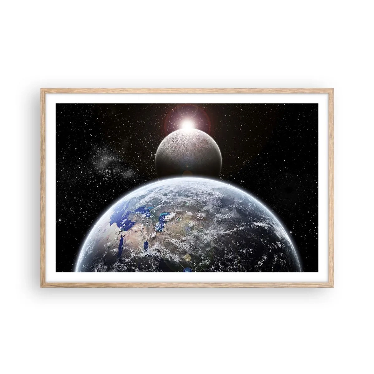 Plakat i ramme af lyst egetræ - Kosmisk landskab - solopgang - 91x61 cm