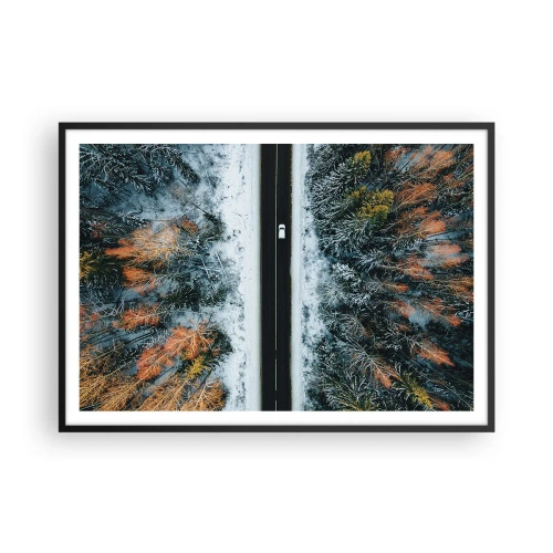 Plakat i sort ramme - Skær gennem vinterskoven - 100x70 cm