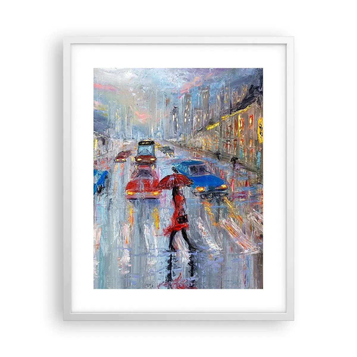 Plakat i hvid ramme - Regnfuld eftermiddag i byen - 40x50 cm