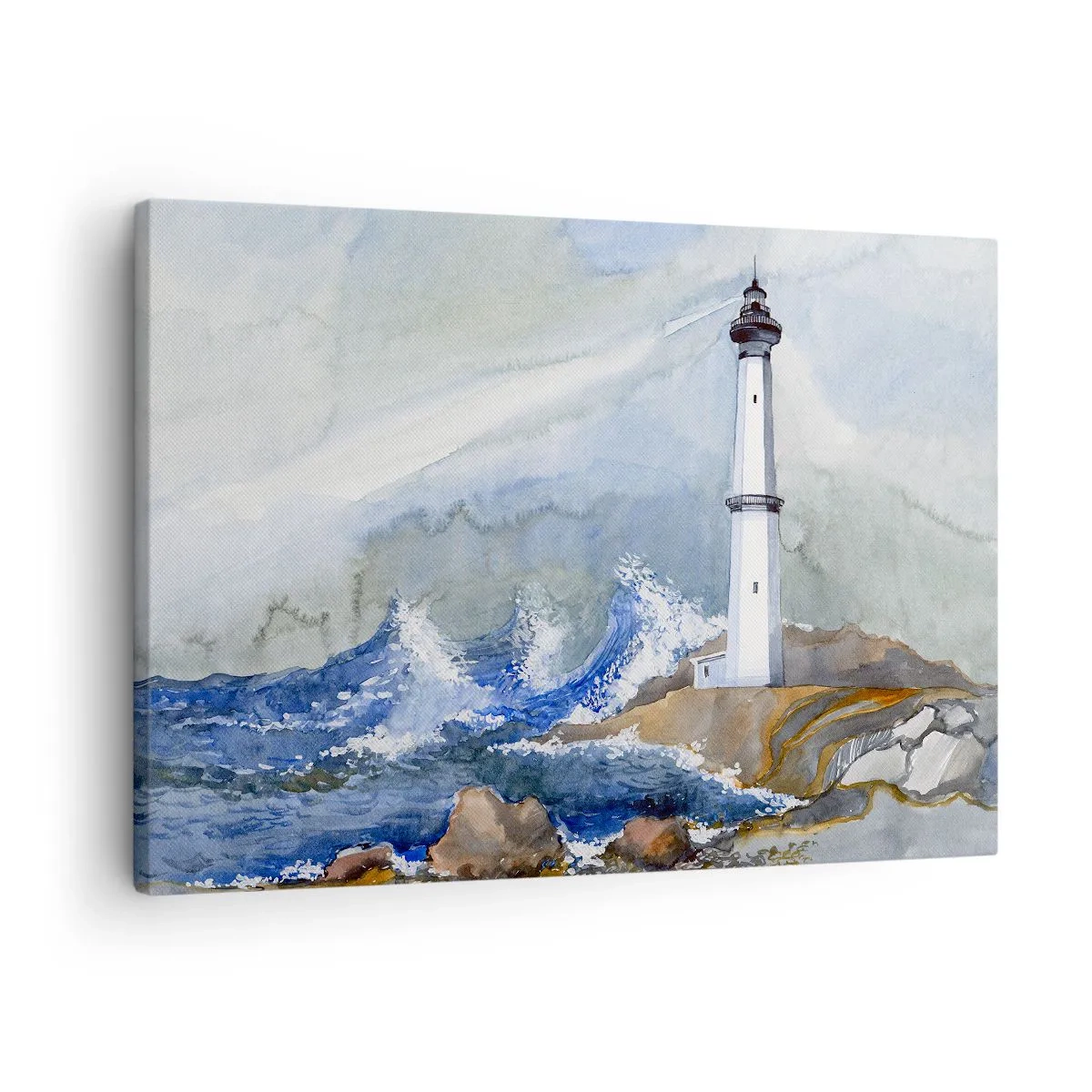 Lærredstryk - Billede på lærred - Et fyrtårn på en klippefyldt kyst med et oprørt hav - 70x50cm - Mod mørket og stormen - Moderne vægdekoration til stue og soveværelse ARTTOR