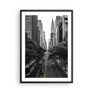 Plakat i sort ramme - Sort-hvidt bypanorama med en gul linje på vejen - 50x70cm - New York morgen - Moderne vægdekoration til stue og soveværelse ARTTOR