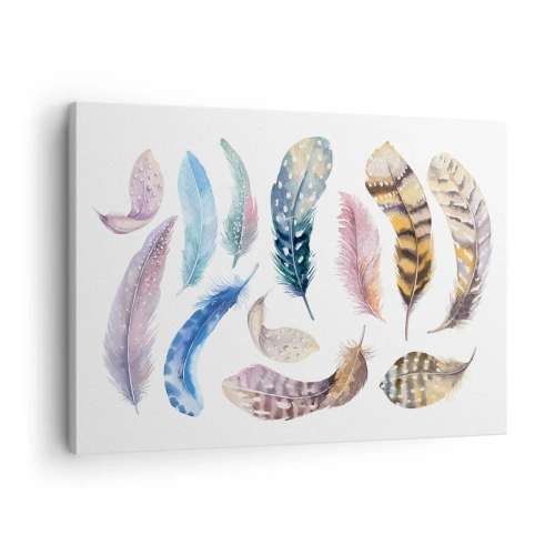 Lærredstryk - Billede på lærred - Farverige fjer i en delikat akvarelstil - 70x50cm - Letvægts, farverig og flerfarvet - Moderne vægdekoration til stue og soveværelse ARTTOR