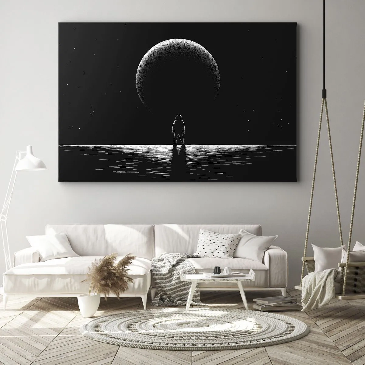 Lærredstryk - Billede på lærred - En astronaut mod baggrunden af en stor planet i det ydre rum - 70x50cm - Ansigt til ansigt - Moderne vægdekoration til stue og soveværelse ARTTOR