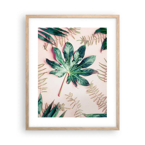 Plakat i ramme af lyst egetræ - En undersøgelse af grønt på en lyserød baggrund - 40x50 cm
