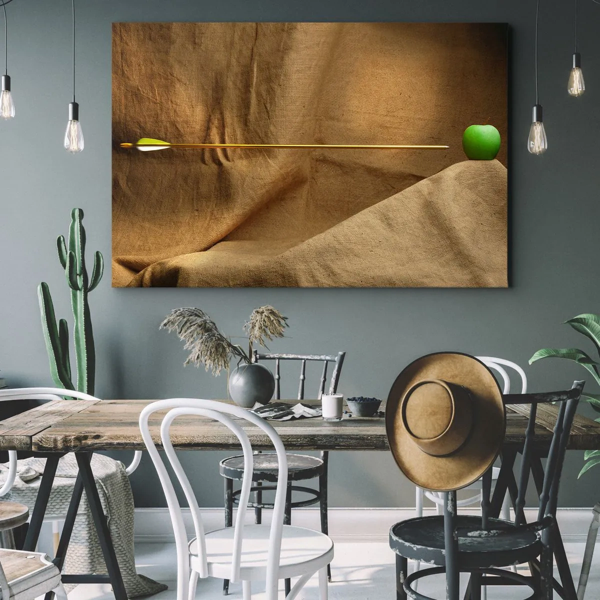 Lærredstryk - Billede på lærred - Grønt æble på stof med en pil, der skaber en komposition - 70x50cm - Påkald William Tell's ånd - Moderne vægdekoration til stue og soveværelse ARTTOR