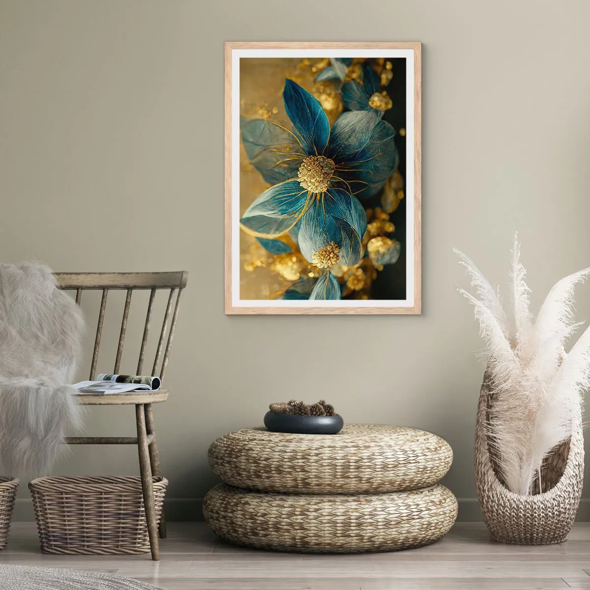 Plakat i ramme af lyst egetræ - Blomstre med guld - 70x100 cm