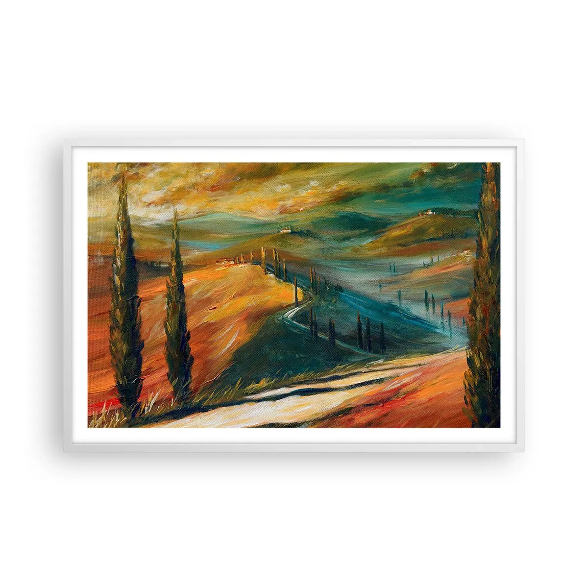 Plakat i hvid ramme - Toscansk landskab - 91x61 cm