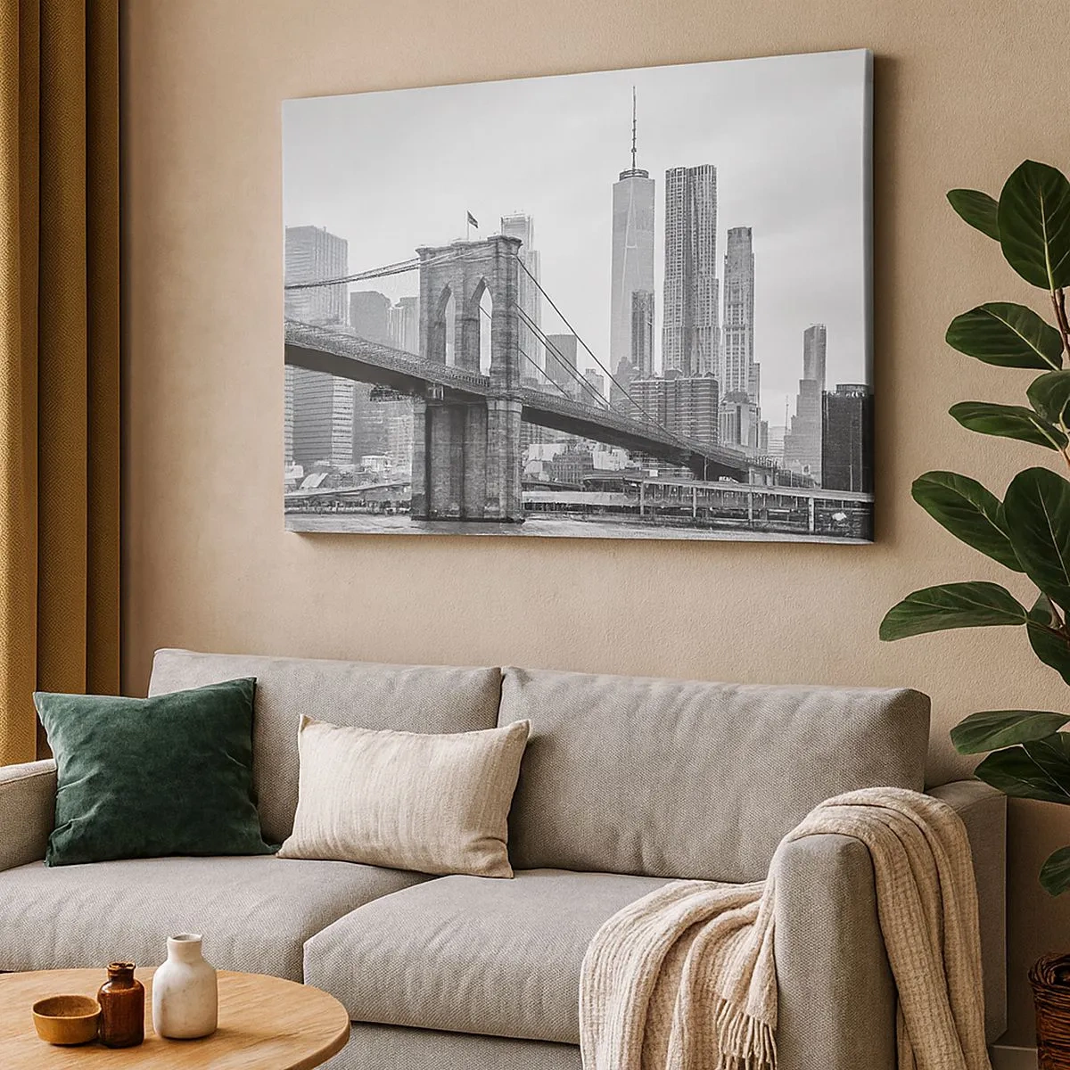 Lærredstryk - Billede på lærred - Brooklyn Bridge med New Yorks skyskrabere i baggrunden - 70x50cm - New York stemning - Moderne vægdekoration til stue og soveværelse ARTTOR