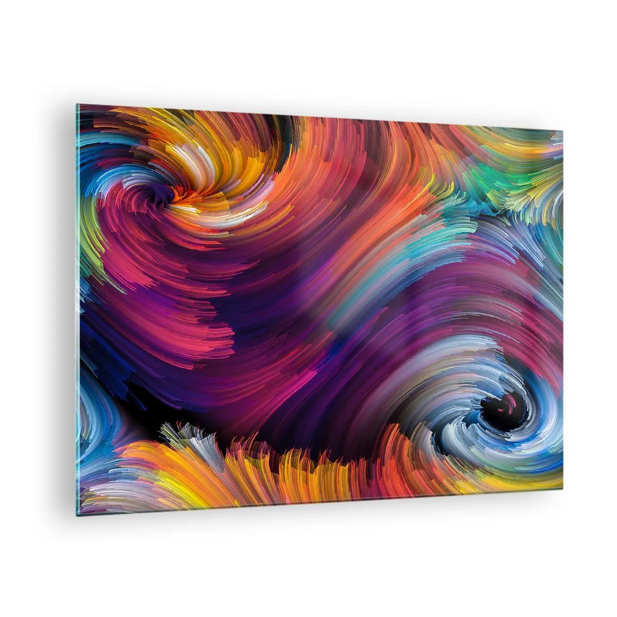 Billede på glas - Farverige hvirvler og dynamiske penselstrøg i abstraktion - 70x50cm - Begyndelsen på en ny verden - Moderne vægdekoration til stue og soveværelse ARTTOR