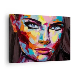 Lærredstryk - Billede på lærred - Et farverigt abstrakt portræt af en kvinde i intense farver. - 70x50cm - Også en farverig sjæl - Moderne vægdekoration til stue og soveværelse ARTTOR