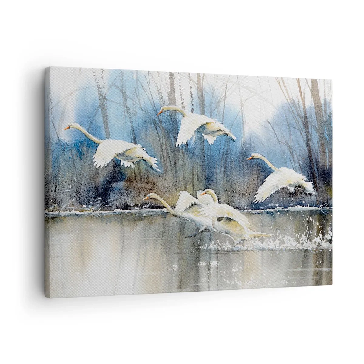 Lærredstryk - Billede på lærred - Svaner i flugt over en frossen sø i et vinterlandskab - 70x50cm - Som i en fortælling om vilde svaner - Moderne vægdekoration til stue og soveværelse ARTTOR