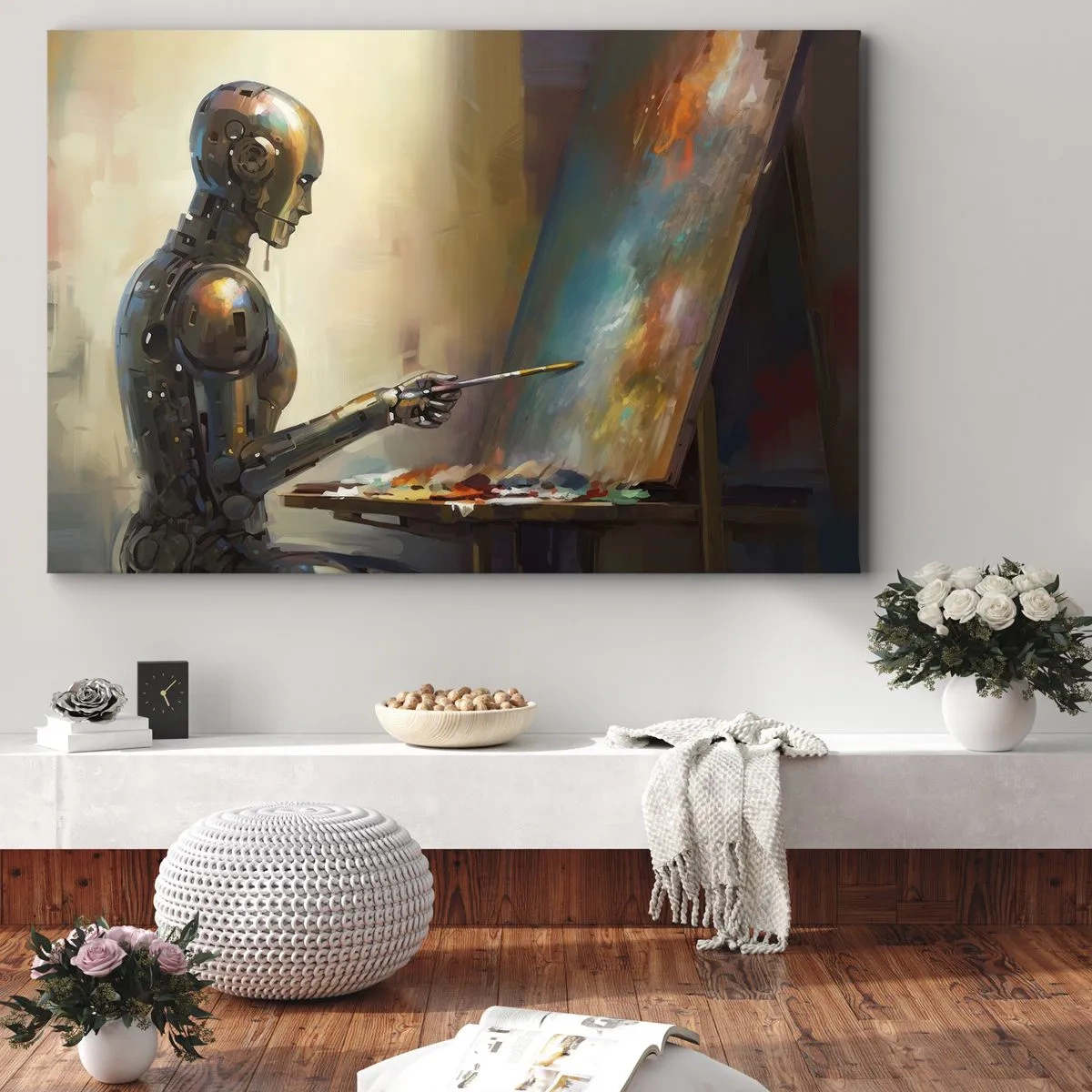 Lærredstryk - Billede på lærred - Et robotmaleri på et lærred i kunstnerisk stil - 70x50cm - Fremtidens kunst - Moderne vægdekoration til stue og soveværelse ARTTOR