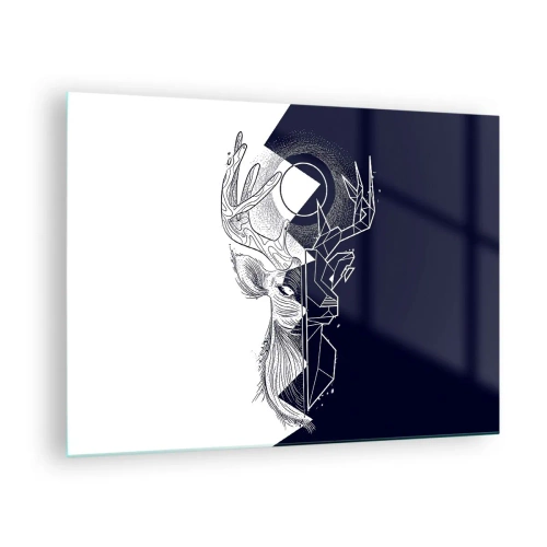 Billede på glas - Geometrisk tegning af en hjort på en sort-hvid baggrund - 70x50cm - Modsætningernes kamp og enhed - Moderne vægdekoration til stue og soveværelse ARTTOR