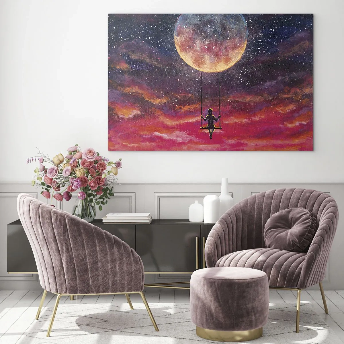 Billede på glas - En pige på en gynge hængende under månen - 70x50cm - Glæd dig i skyerne - Moderne vægdekoration til stue og soveværelse ARTTOR