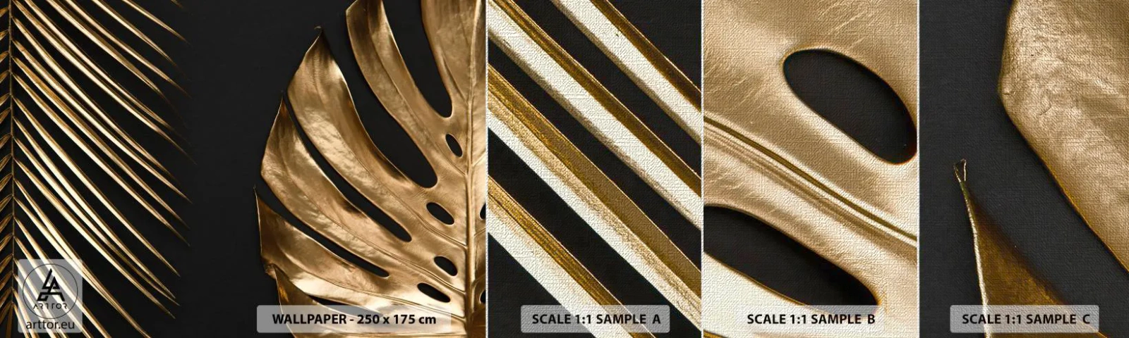 Prøve Fototapet Premium Canvas - Forskellige, og lige dyre - Palmeblad, Monstera blad, Abstraktion - 100x30 cm