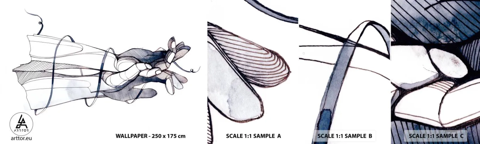 Fototapet Prøve Standard Eco - En undersøgelse af berøring - Abstraktion, Hænder, Grafik - 100x30 cm