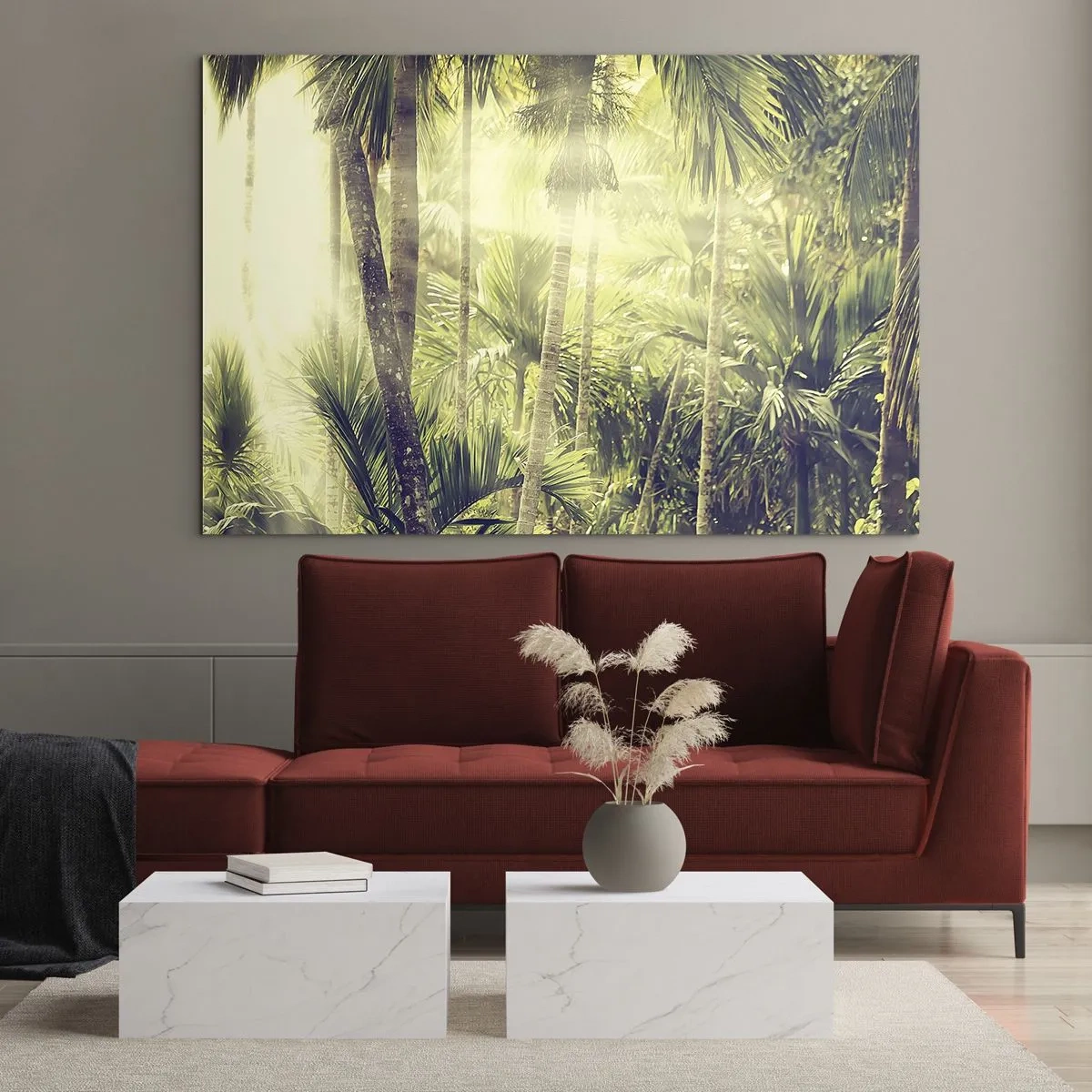 Billede på glas - Grøn tropisk jungle i solskinnet - 70x50cm - I grønne gløder - Moderne vægdekoration til stue og soveværelse ARTTOR
