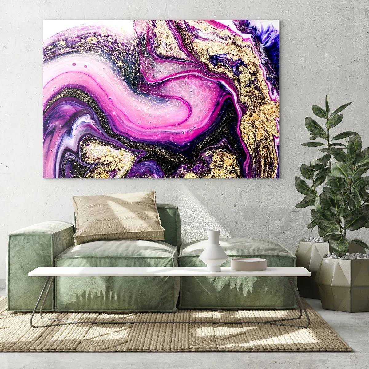 Billede på glas - En abstrakt komposition i nuancer af lilla og guld. - 70x50cm - Et øjeblik bag kulisserne - Moderne vægdekoration til stue og soveværelse ARTTOR