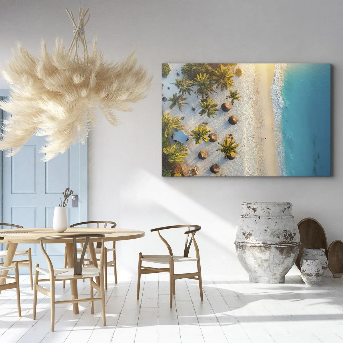 Lærredstryk - Billede på lærred - Udsigt over en tropisk strand med palmer og et turkisblåt hav - 70x50cm - Velkommen til paradis - Moderne vægdekoration til stue og soveværelse ARTTOR