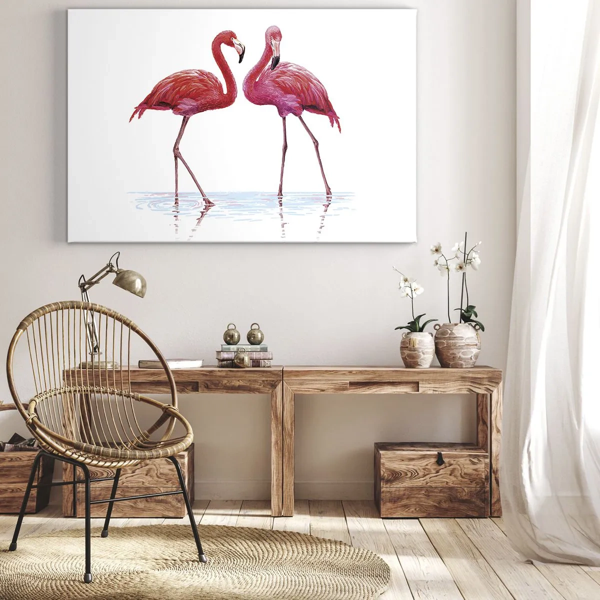 Lærredstryk - Billede på lærred - Et par flamingoer i vandet mod en lys baggrund - 70x50cm - Lyserødt randez-vous - Moderne vægdekoration til stue og soveværelse ARTTOR