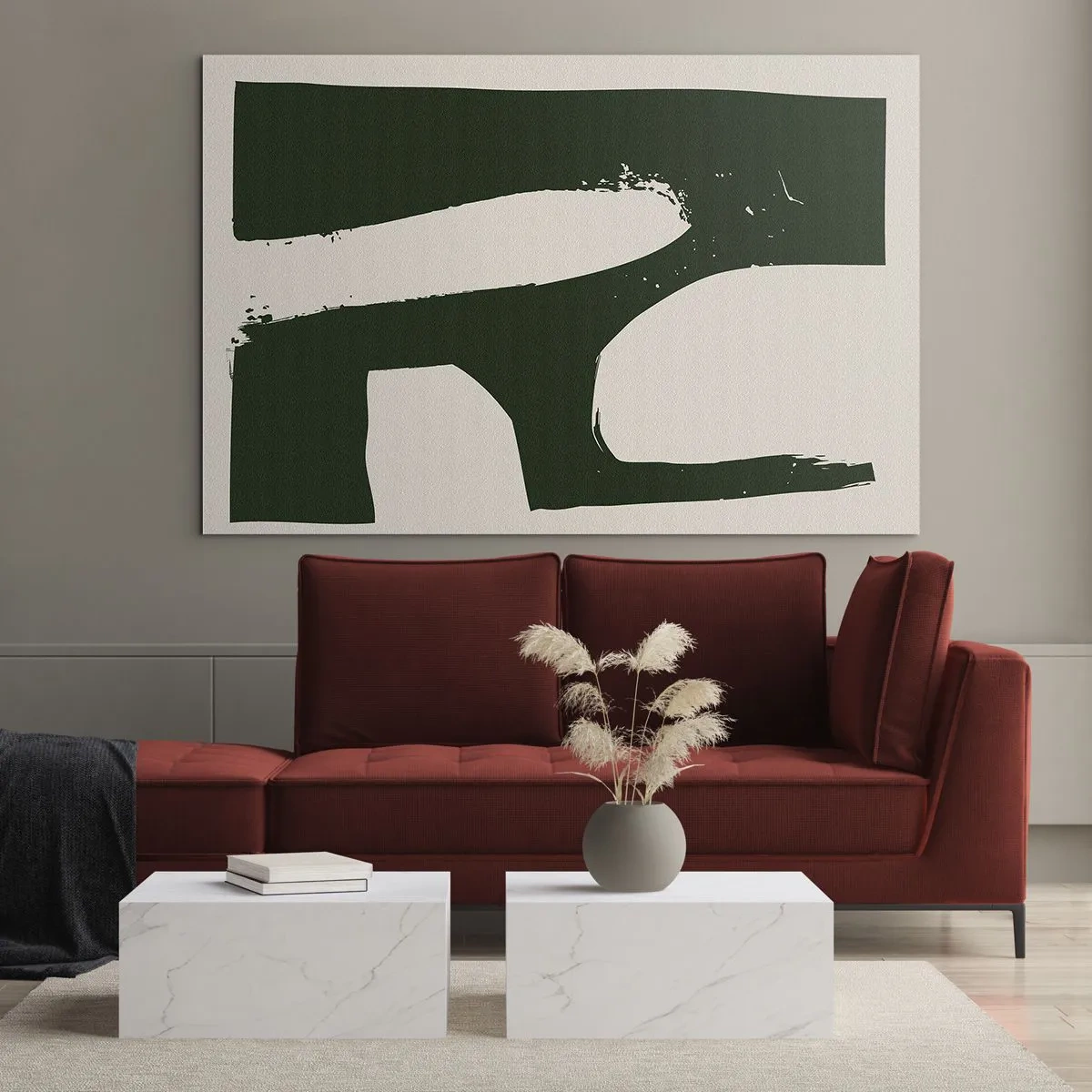 Billede på glas - Minimalistisk abstraktion med mørkegrønne penselstrøg - 70x50cm - Bugter af hvidt - Moderne vægdekoration til stue og soveværelse ARTTOR