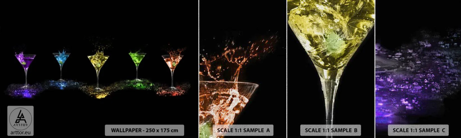 Prøve Fototapet Premium Canvas - Glædens farver i krystalglas - Gastronomi, Cocktail, Farverig drink - 100x30 cm