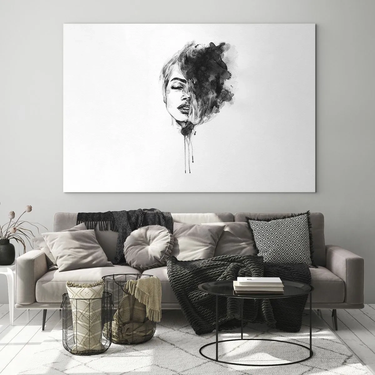 Billede på glas - Sort-hvidt portræt af en kvinde med en abstrakt skygge - 70x50cm - Hvad piger drømmer om - Moderne vægdekoration til stue og soveværelse ARTTOR