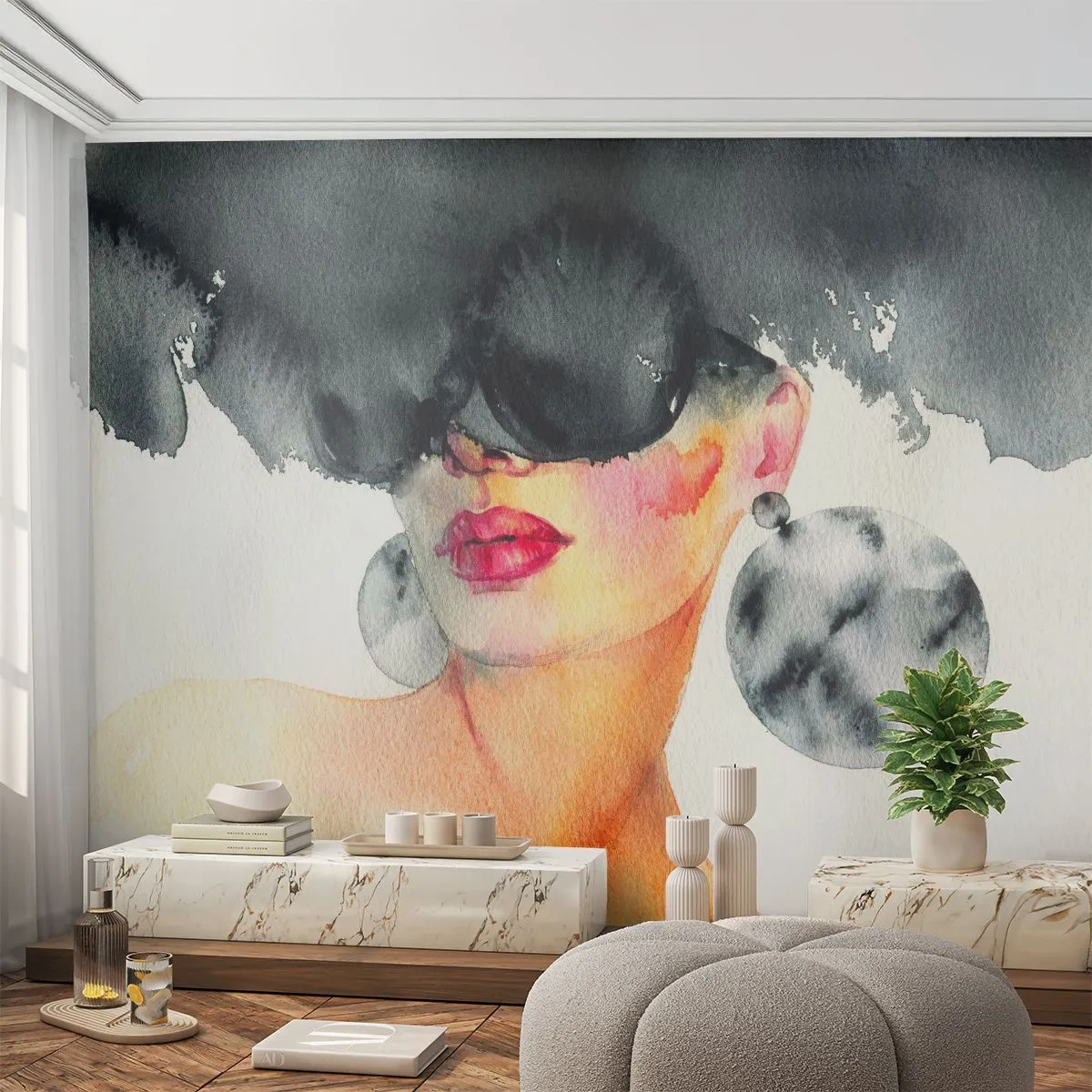 Fototapet Premium Canvas - Hemmeligheden bag elegance - Kvindens ansigt, Kvinde, Hat - 250x175 cm