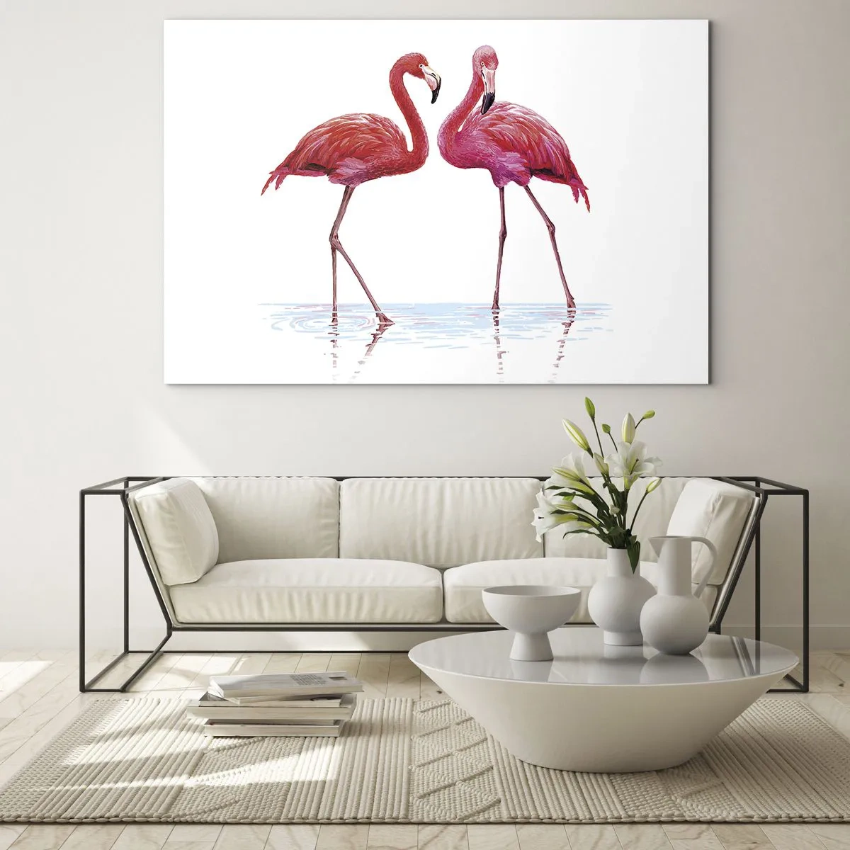 Billede på glas - To lyserøde flamingoer står i vandet - 70x50cm - Lyserødt randez-vous - Moderne vægdekoration til stue og soveværelse ARTTOR