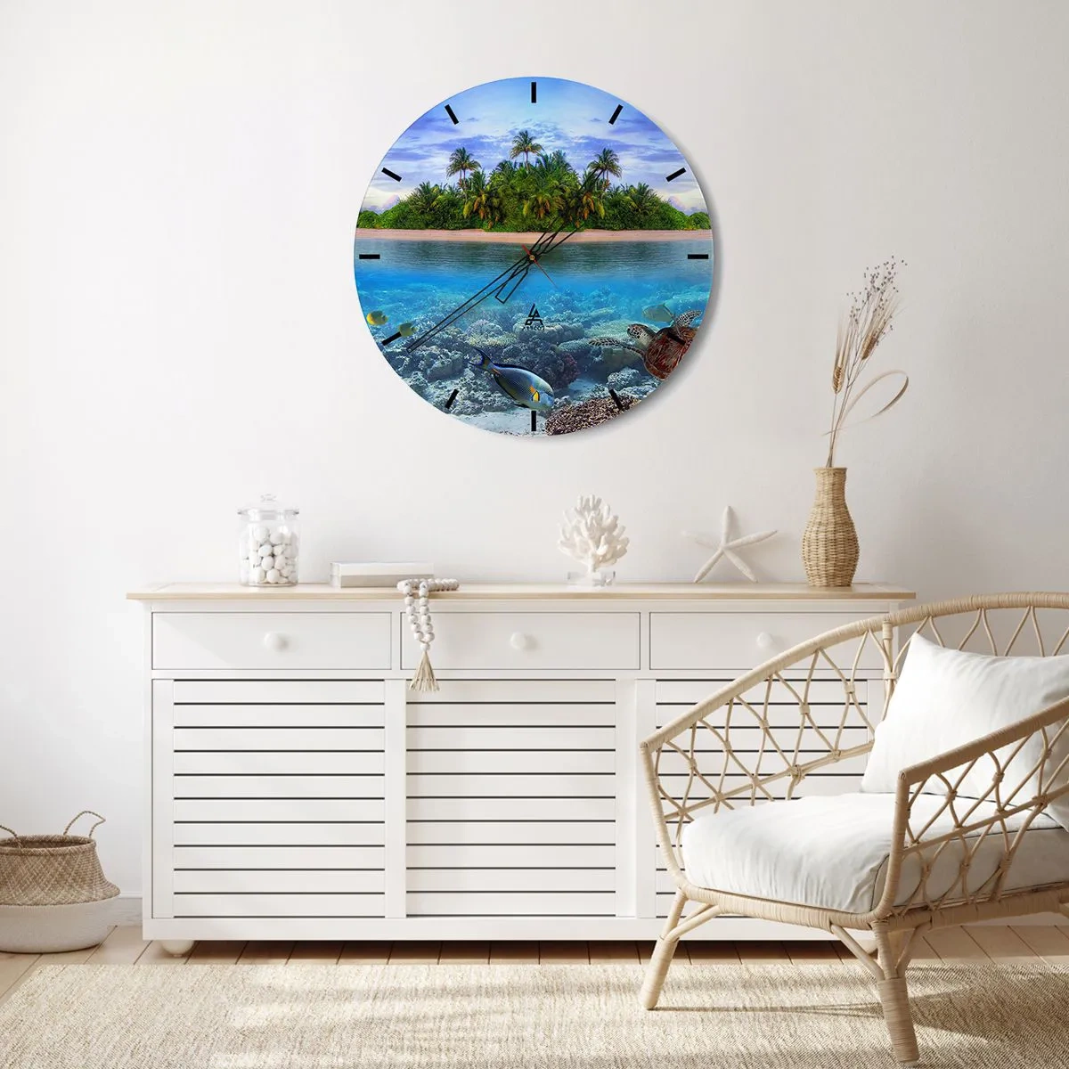 Vægur, Uret - En eksotisk ø med palmer og en undervandsverden - 30x30cm - Den himmelske ø inviterer dig - Moderne vægdekoration til stue, køkken og soveværelse ARTTOR
