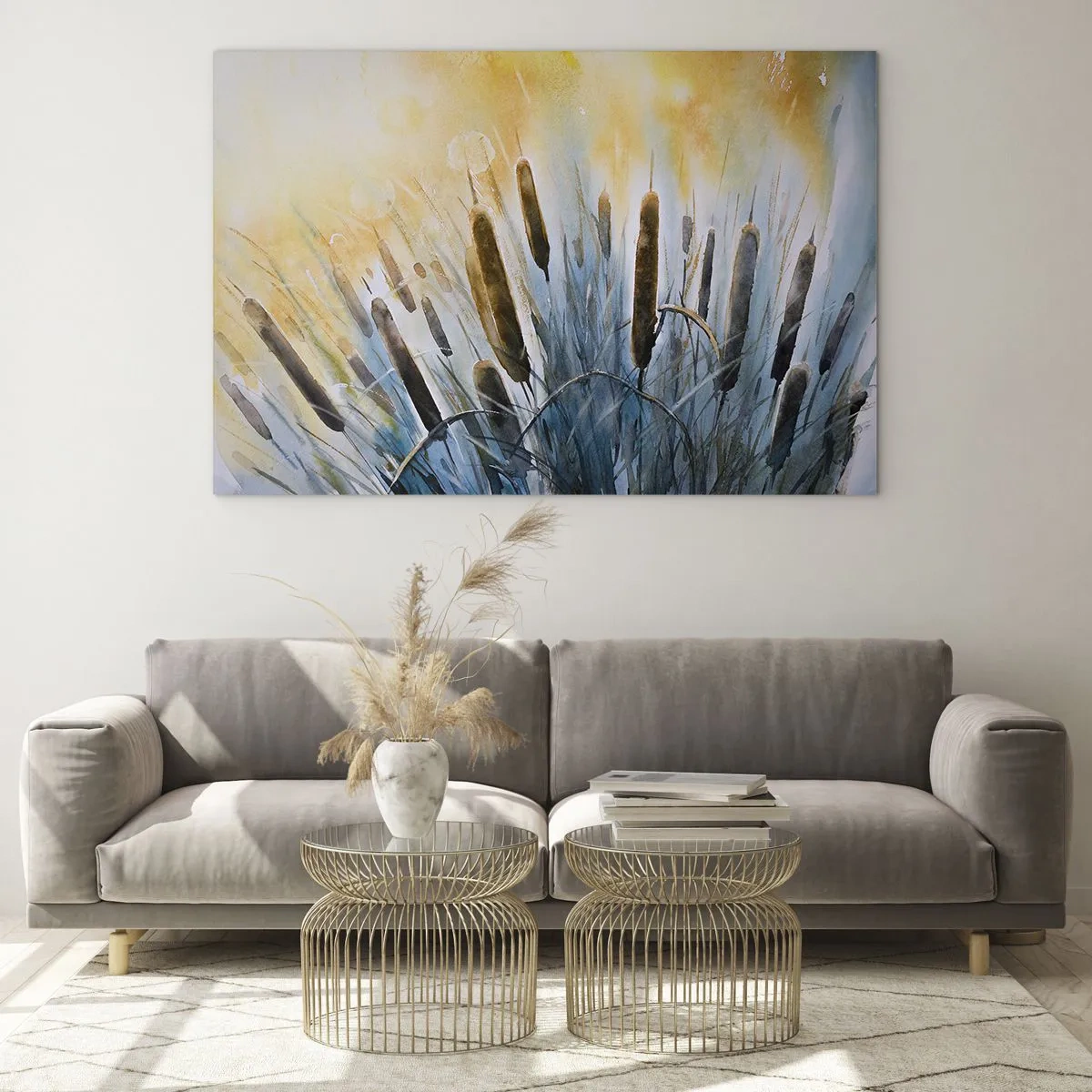 Billede på glas - Malede cattails mod en solrig himmel - 70x50cm - Vandets kulde, solens varme - Moderne vægdekoration til stue og soveværelse ARTTOR