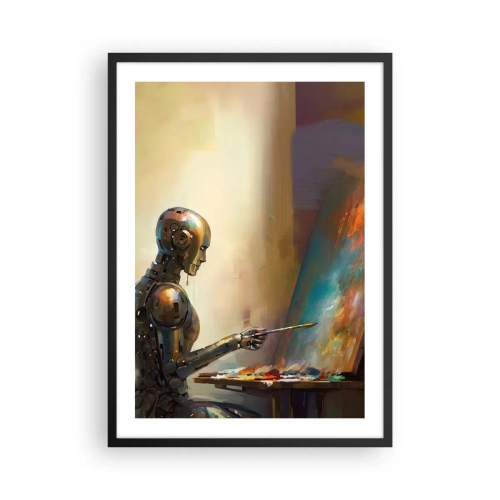Plakat i sort ramme - Robotmaler ved et staffeli i futuristisk stil - 50x70cm - Fremtidens kunst - Moderne vægdekoration til stue og soveværelse ARTTOR