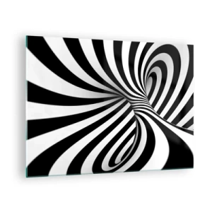 Billede på glas - En sort-hvid spiral, der skaber en dynamisk rumlig effekt. - 70x50cm - Sammensætning: dansende rum - Moderne vægdekoration til stue og soveværelse ARTTOR