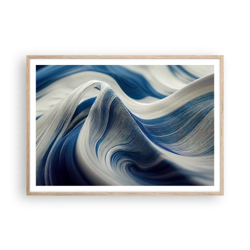 Plakat i ramme af lyst egetræ - Flydende blå og hvide farver - 100x70 cm